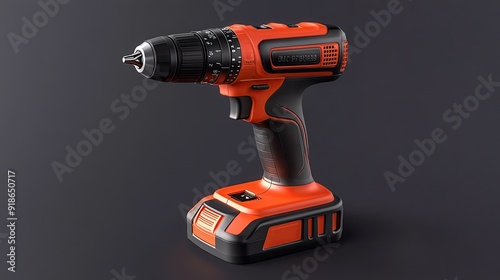 Cordless drill with a black and orange design, isolated on a gray background.