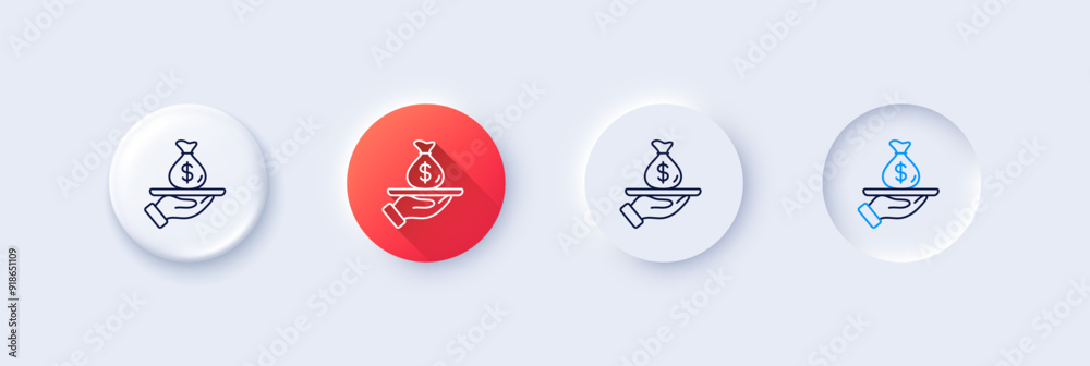 Loan line icon. Neumorphic, Red gradient, 3d pin buttons. Business mortgage sign. Money bag on plate symbol. Line icons. Neumorphic buttons with outline signs. Vector