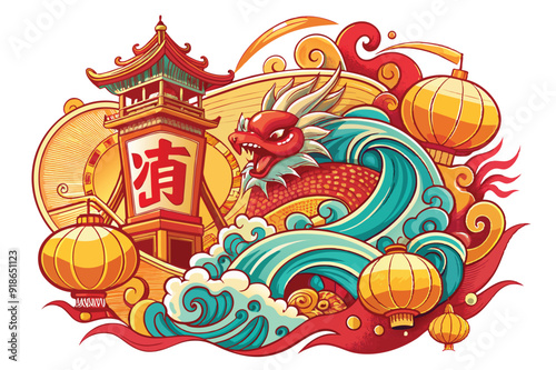 A majestic Chinese dragon adorned with a lantern, gracefully gliding over the tranquil sea at dusk.