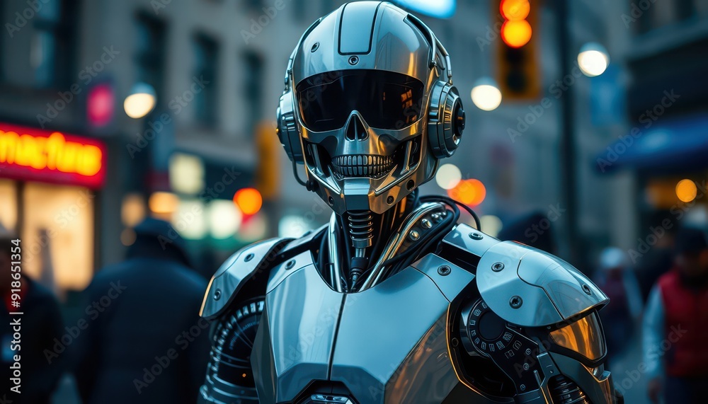 Futuristic Robot in City Setting. Futuristic Robot in City Setting.