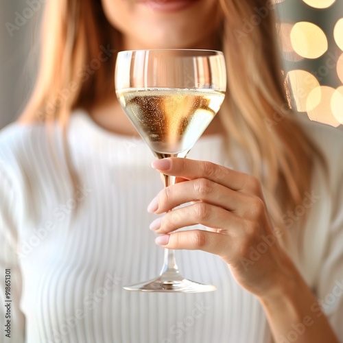 Woman in White Sweater Enjoying a Glass of Sparkling Wine at Evening Party photo