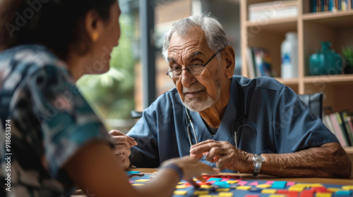 Nurse assisting elderly man with dementia in playing alphabet puzzle, therapeutic approach in geriatric clinic