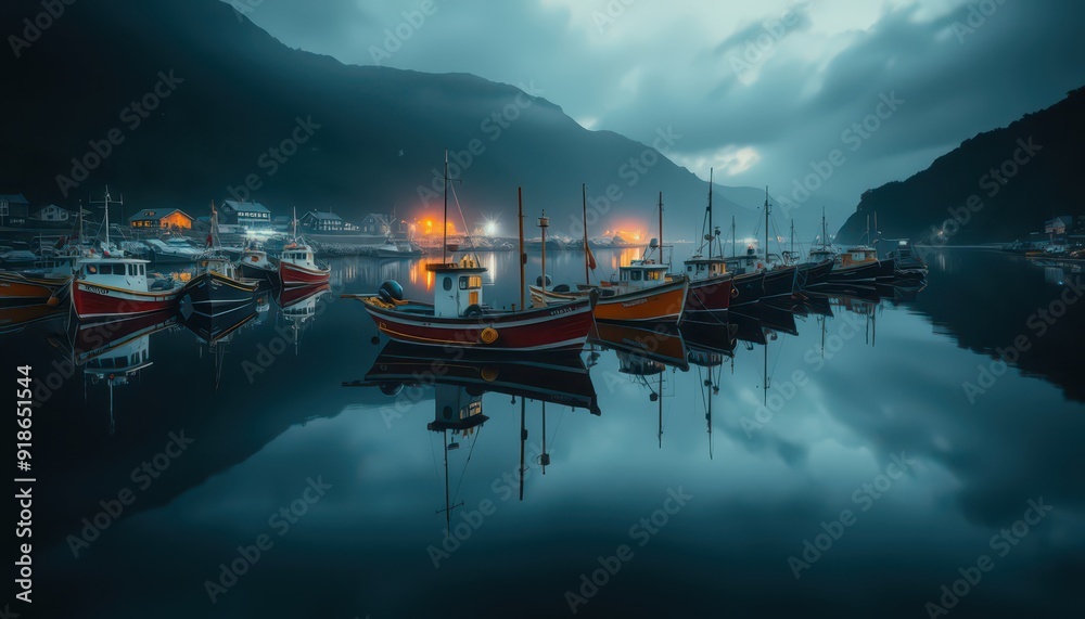 Fototapeta premium Boats at Dusk in a Misty Fjord.