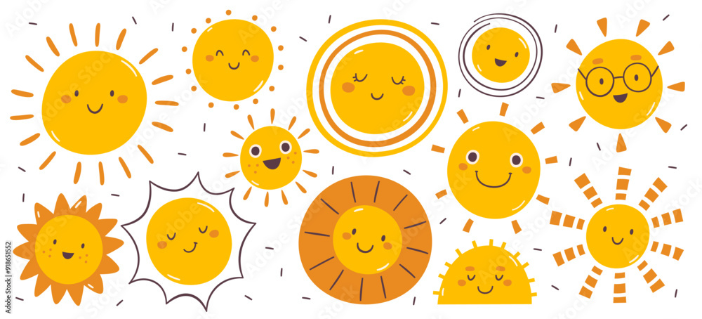 Funny cute sun smiling comic faces doodle hand drawn childish positive emoticon sticker isolated set Funny cute sun smiling comic faces doodle hand drawn childish positive emoticon sticker isolated set