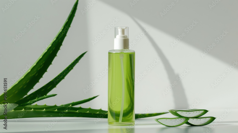 Organic aloe vera lotion in a pump bottle, placed next to cut aloe vera leaves on a white background. Organic aloe vera lotion in a pump bottle, placed next to cut aloe vera leaves on a white background.