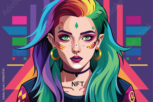 A woman with vibrant, multicolored hair and a face adorned with bright, artistic patterns, showcasing her unique style.