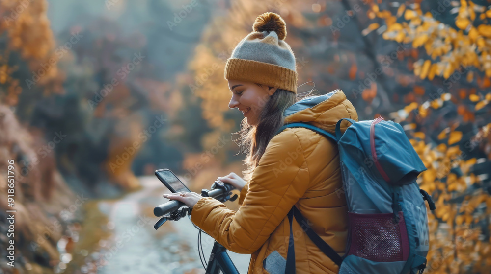 Naklejka premium Person on a bicycle, woman influencer in nature, fitness and cardio training, sharing on social media