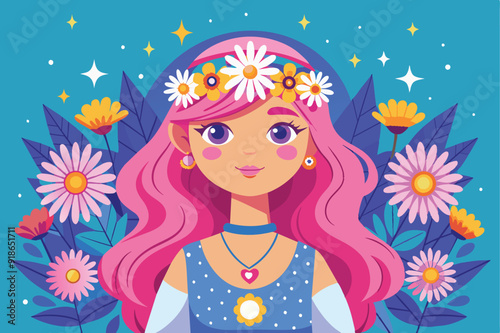 A cheerful cartoon girl featuring bright pink hair, embellished with various flowers, radiating a playful and lively spirit.