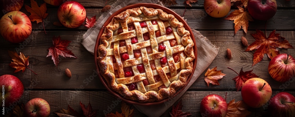 Warm autumn pie on a rustic table
