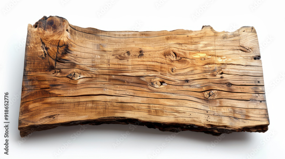 Rough-hewn wooden board with natural imperfections cut out on a white background. Rough-hewn wooden board with natural imperfections cut out on a white background.