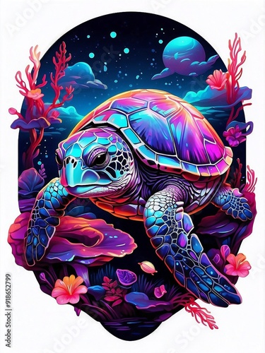 Sea turtle with glowing galaxy shell, die cut sticker design , graphic tee shirt design