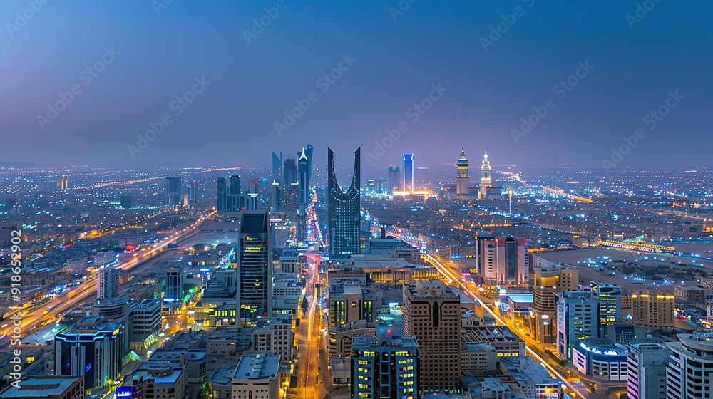 Obraz premium Aerial View of Kuwait City Skyline at Dusk