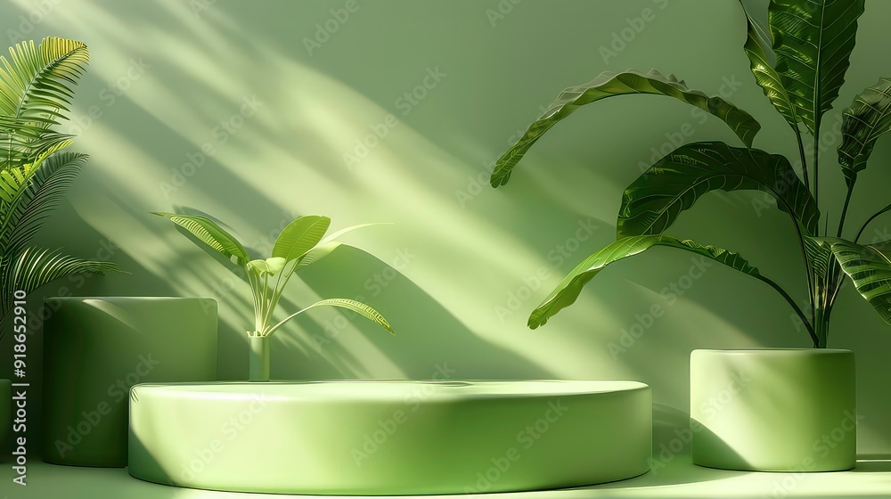 A minimalist green podium with two potted plants against a green wall with sunlight streaming through. A minimalist green podium with two potted plants against a green wall with sunlight streaming through.