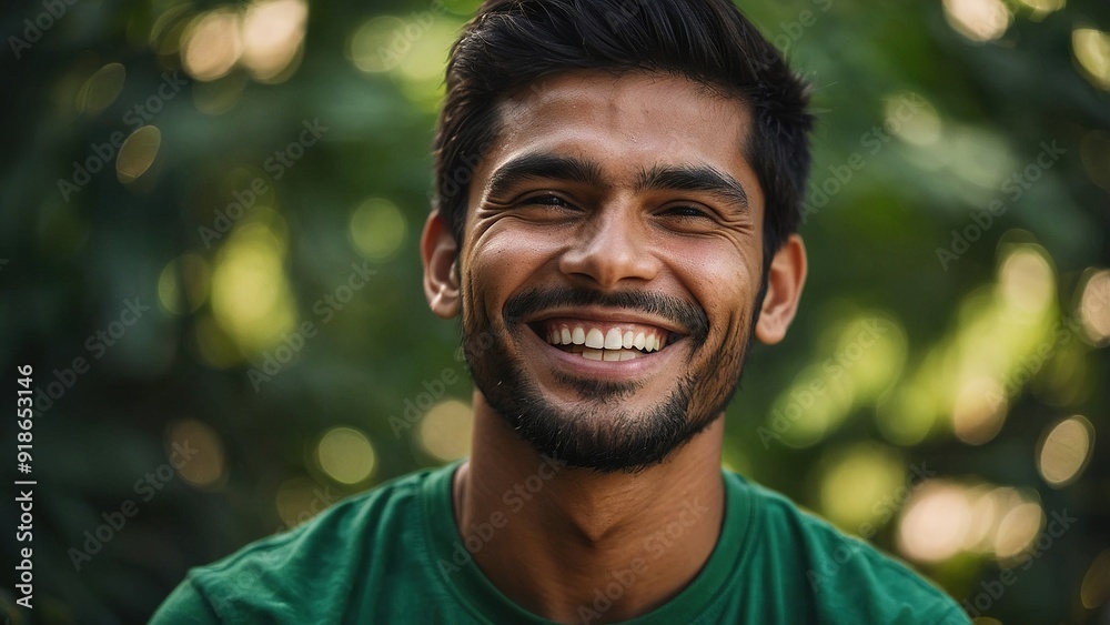 Man Smiling in Lush Greenery During Bright Daylight in Outdoor Garden Setting Man Smiling in Lush Greenery During Bright Daylight in Outdoor Garden Setting