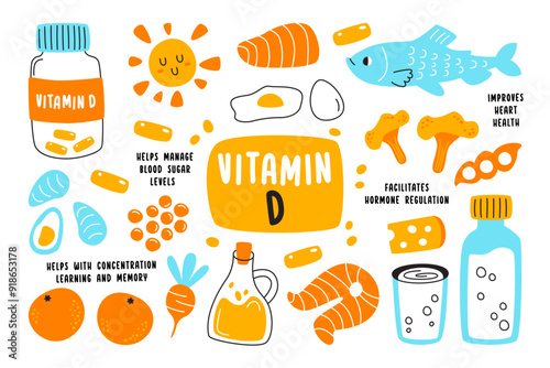 Vitamin D resources in food, seafood, supplements, milk, oil, caviar hand drawn set with lettering