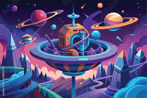 An artistic depiction of a futuristic city with a space station and planets, inviting prospective employees to join.