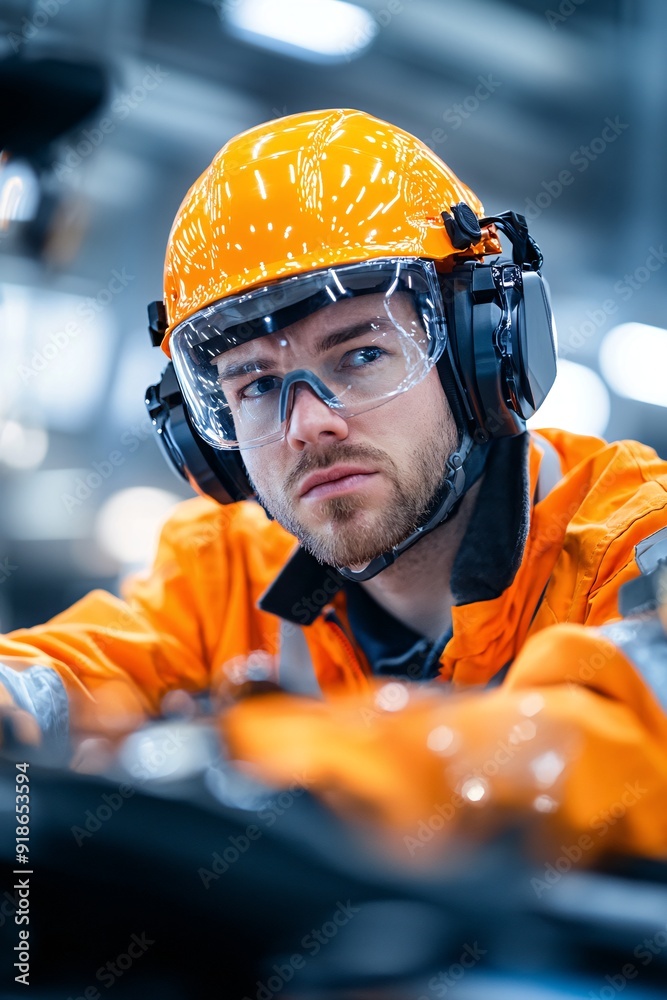 Young Male Factory Worker in Protective Gear Focuses on Machinery Indoors Young Male Factory Worker in Protective Gear Focuses on Machinery Indoors