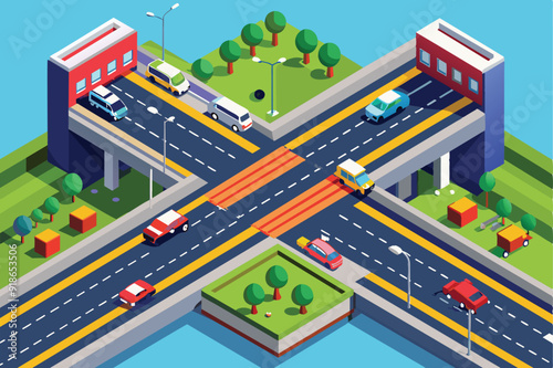 Isometric graphic of a highway scene featuring an array of cars and trucks, illustrating dynamic road activity.