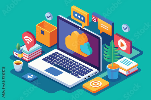 Isometric depiction of a laptop with various cloud computing icons, representing modern technology and online services.