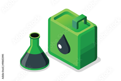 A green bottle sits beside a green canister, both featuring smooth surfaces and a harmonious color palette.
