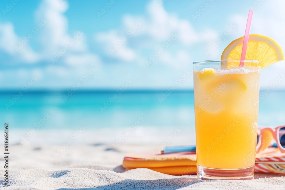 Obraz premium Refreshing Lemonade on a Sunny Beach with a Perfect Ocean View