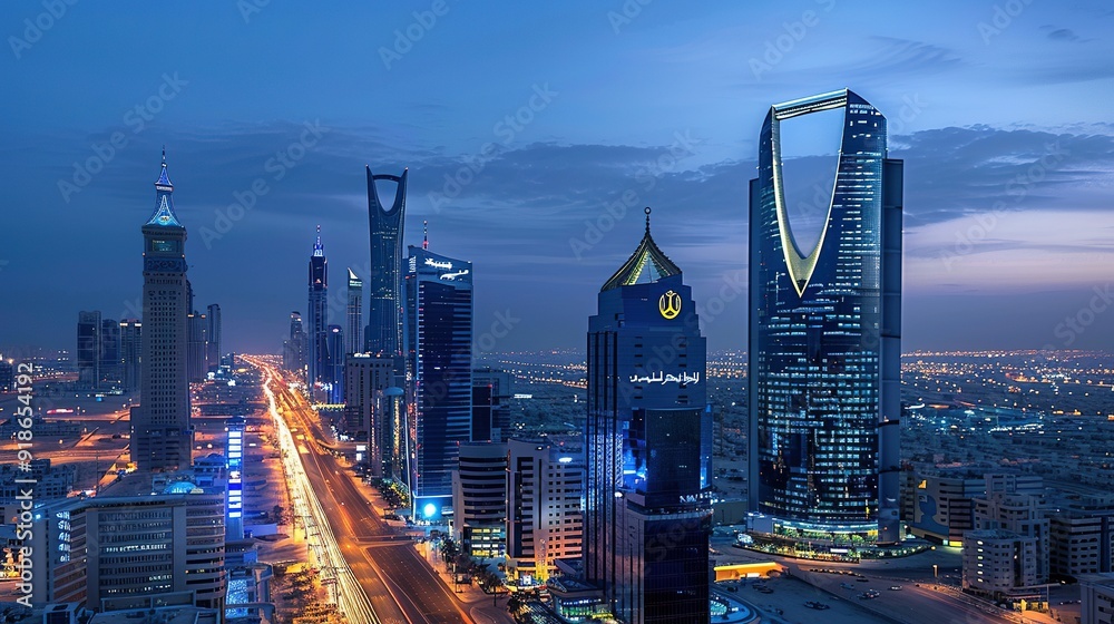 Fototapeta premium Riyadh Cityscape at Dusk with Illuminated Skyscrapers
