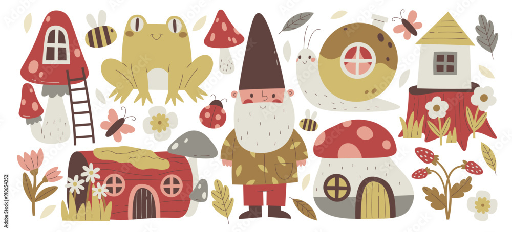 Cute fairy tale design elements set with gnome, frog, snail, stump houses and flower blossoms Cute fairy tale design elements set with gnome, frog, snail, stump houses and flower blossoms
