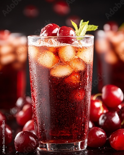 Refreshing Cherry Beverage in a Glass with Ice and Fresh Cherries