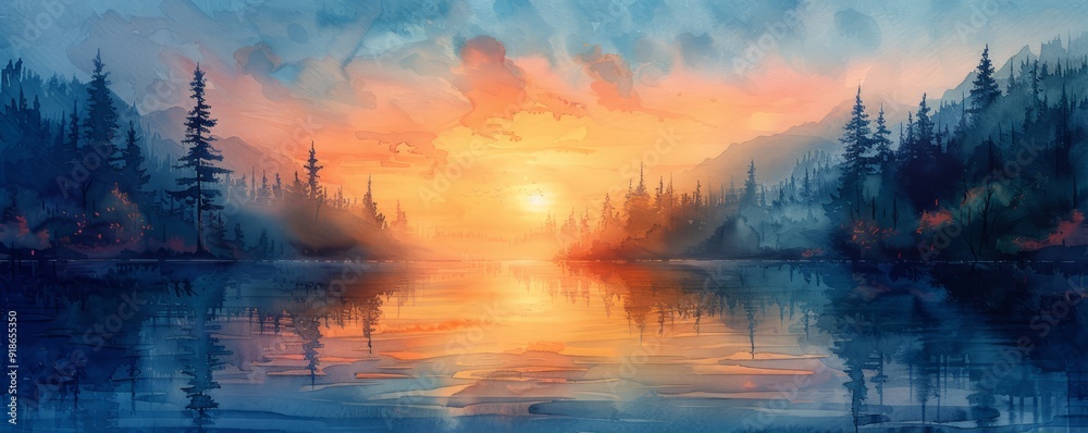 Abstract twilight over a serene lake in watercolor. Abstract twilight over a serene lake in watercolor.