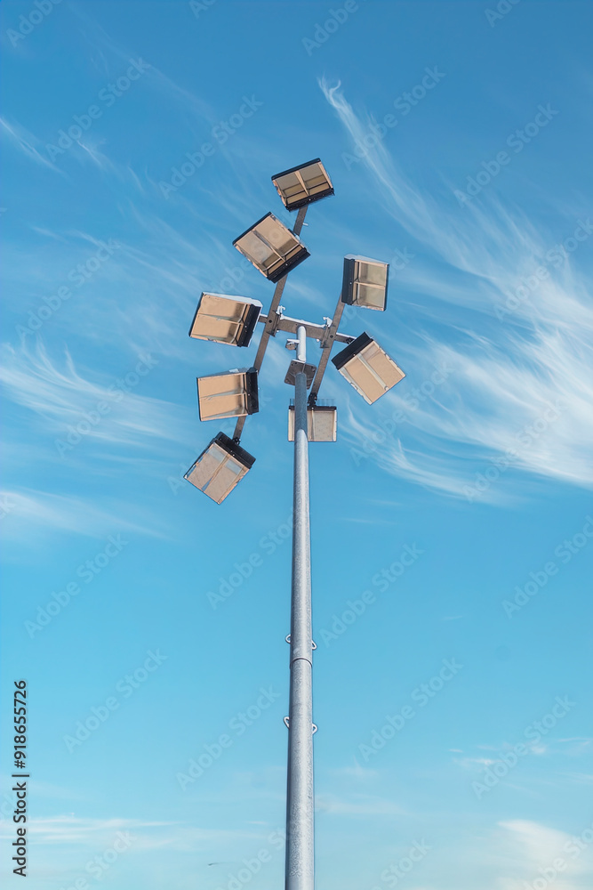 Stadium lights on a tower pole with a blue sky, low angle view Stadium lights on a tower pole with a blue sky, low angle view