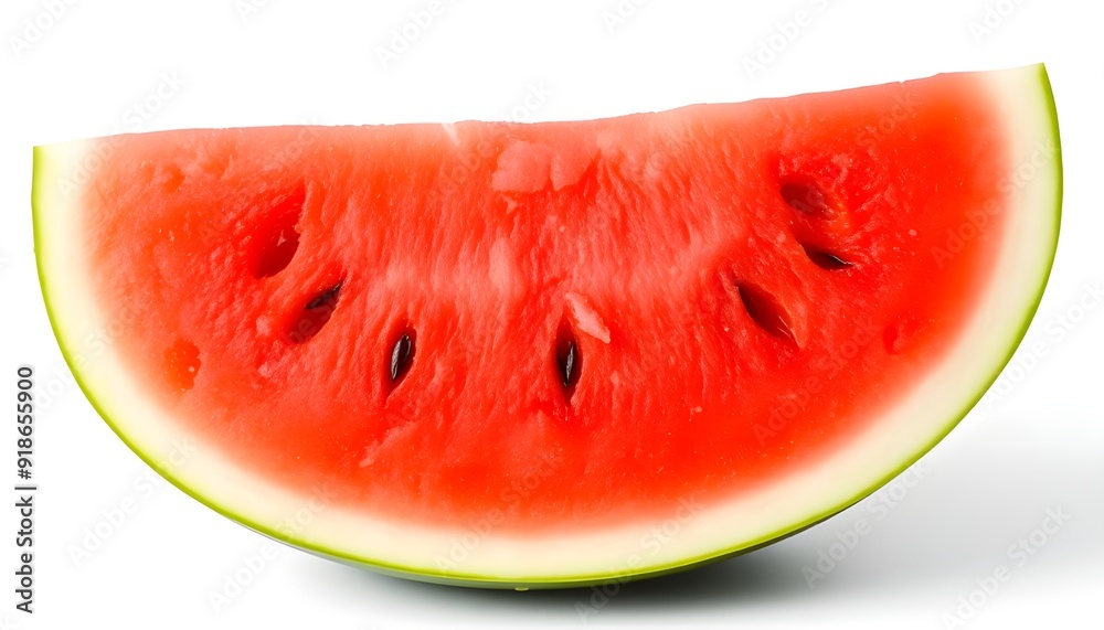Slice of Watermelon with Juicy Red Flesh and Green Rind on White Background Slice of Watermelon with Juicy Red Flesh and Green Rind on White Background