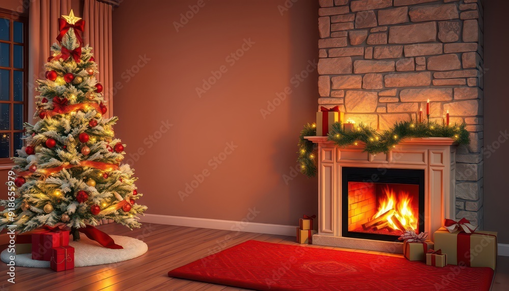 Cozy Christmas living room with fireplace and decorated Christmas tree. Cozy Christmas living room with fireplace and decorated Christmas tree.