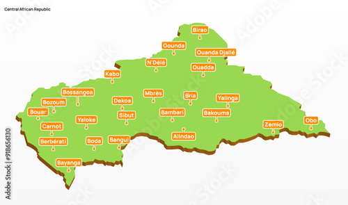 3d vector illustration graphic green color geographical map of Central African Republic with largest cities shown