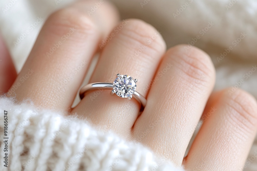 Close-Up of Womans Hand with Elegant Diamond Engagement Ring in Cozy Setting Close-Up of Womans Hand with Elegant Diamond Engagement Ring in Cozy Setting