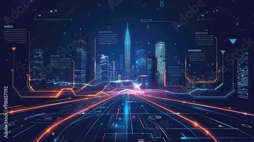 A futuristic night cityscape with glowing roads, skyscrapers, and digital data interfaces.