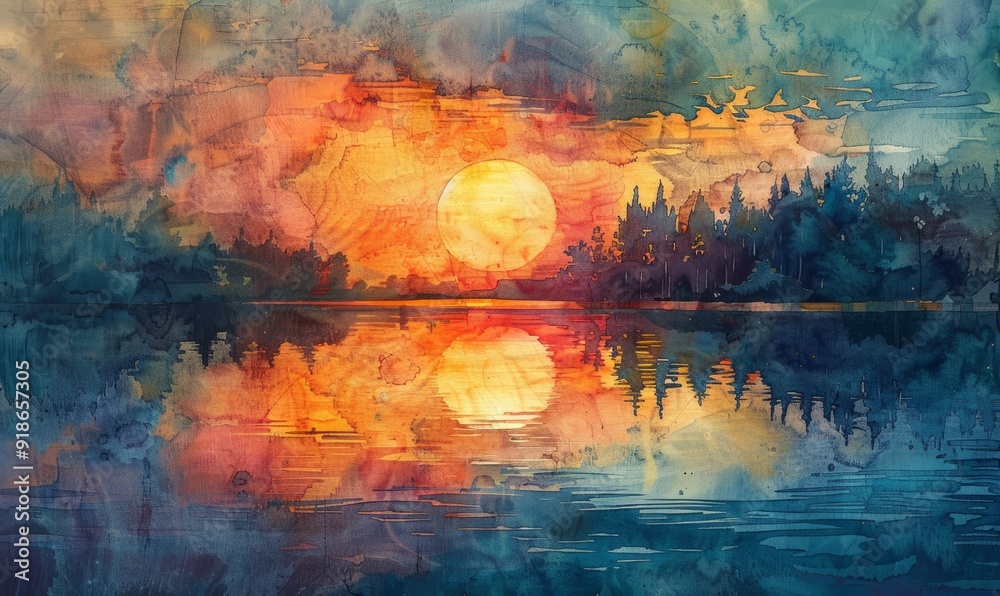 A painting of a sunset with a large orange sun in the sky A painting of a sunset with a large orange sun in the sky