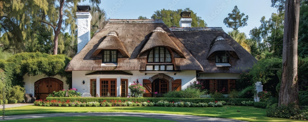 Cape Dutch home with a classic thatched roof. Cape Dutch home with a classic thatched roof.