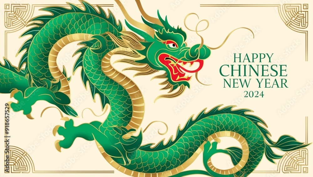 Fototapeta premium Banner Happy Chinese New Year 2024. Dragon green symbol on cream white background