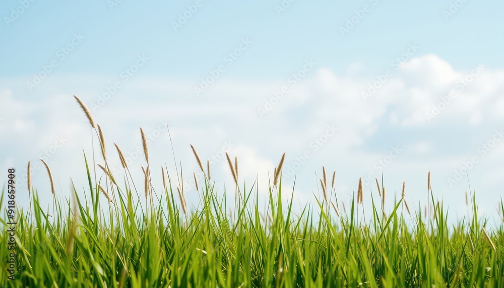 Green Grass Blades and Blue Sky with White Clouds. Green Grass Blades and Blue Sky with White Clouds.