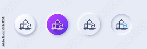 Apartment insurance hand line icon. Neumorphic, Purple gradient, 3d pin buttons. Risk coverage sign. Building protection symbol. Line icons. Neumorphic buttons with outline signs. Vector