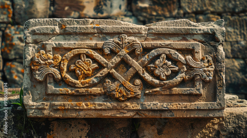 Stone sign plate from an ancient era, weathered and cut out, placed against a clear background photo