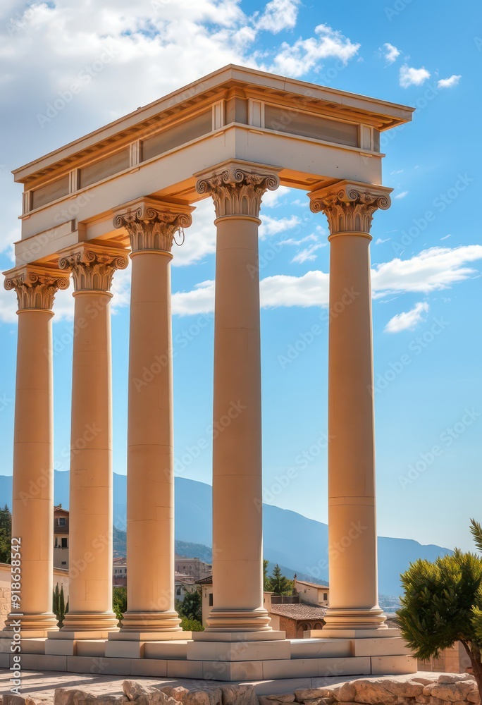 Fototapeta premium Ancient Columns with Blue Sky and White Clouds.