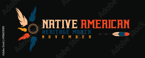 Native american heritage month. Vector banner, poster, card, content for social media with the text Native american heritage month, november. Blue background with native ornament.
