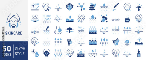 Skin care icons set. Moisture cream, acid, anti wrinkle serum, ceramide, collagen, retinol compound, sunscreen vector illustration.