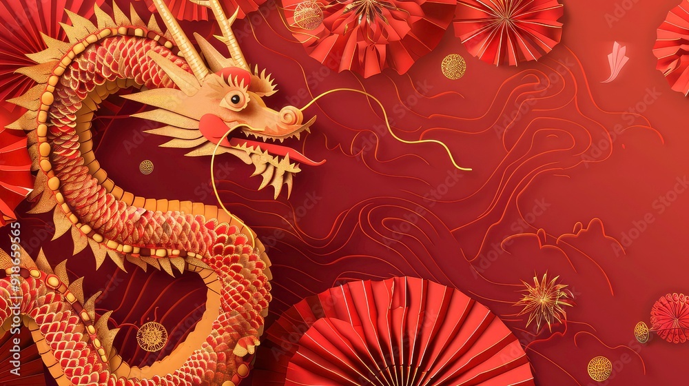 A golden dragon with red scales is curled up on a brown background with red and gold paper flowers and swirling lines. A golden dragon with red scales is curled up on a brown background with red and gold paper flowers and swirling lines.