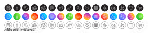 Medical vaccination, Sodium mineral and Phone code line icons. Round icon gradient buttons. Pack of Voice wave, Baggage, Genders icon. T-shirt, Product knowledge, Potato pictogram. Vector