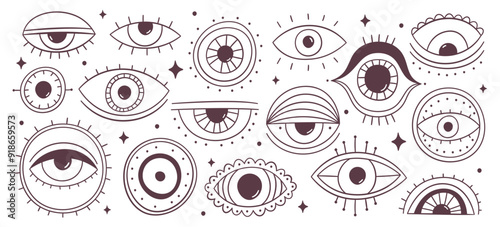 Variety of eyes spiritual talismans esoteric symbols occult amulet hand drawn doodle graphic set