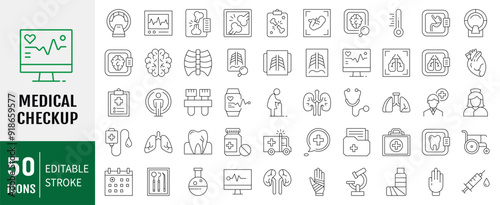 Medical checkup editable stroke outline Icons set. Medical, patient, medicine, pharmacy, nurse, prescription, medical report and more. Vector illustration