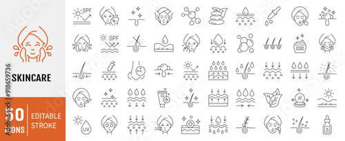 Skin care line icons set. Editable stroke. Containing as Moisture cream, acid, anti wrinkle serum, ceramide, collagen, retinol compound, sunscreen and more. Vector illustration photo