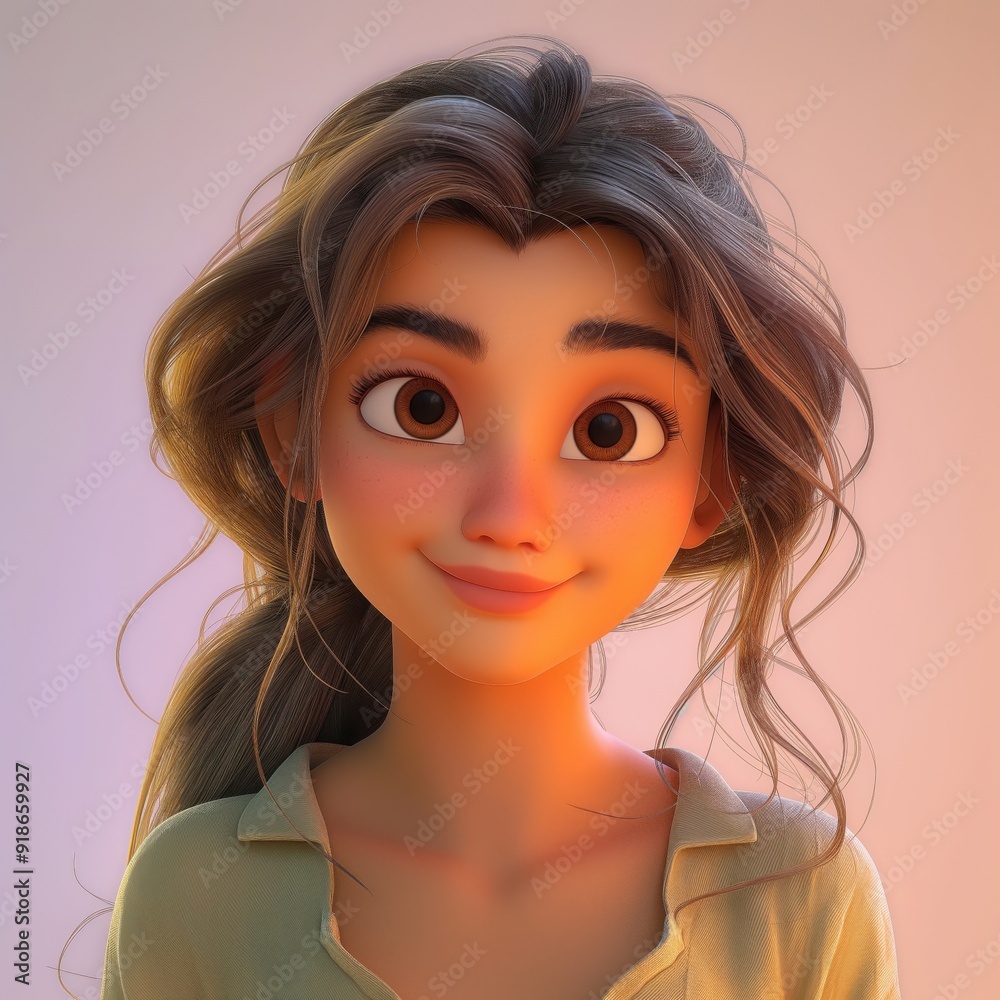3D cartoon woman with wavy brown hair smiling warmly, wearing a casual button-up shirt against a soft gradient background 3D cartoon woman with wavy brown hair smiling warmly, wearing a casual button-up shirt against a soft gradient background